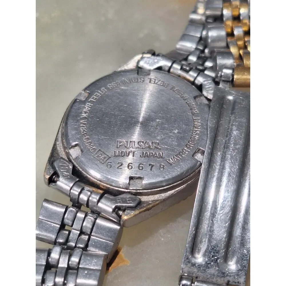 Vintage Pulsar V783-0030 Quartz Two Tone Day Date Women's Watch Japan Movement